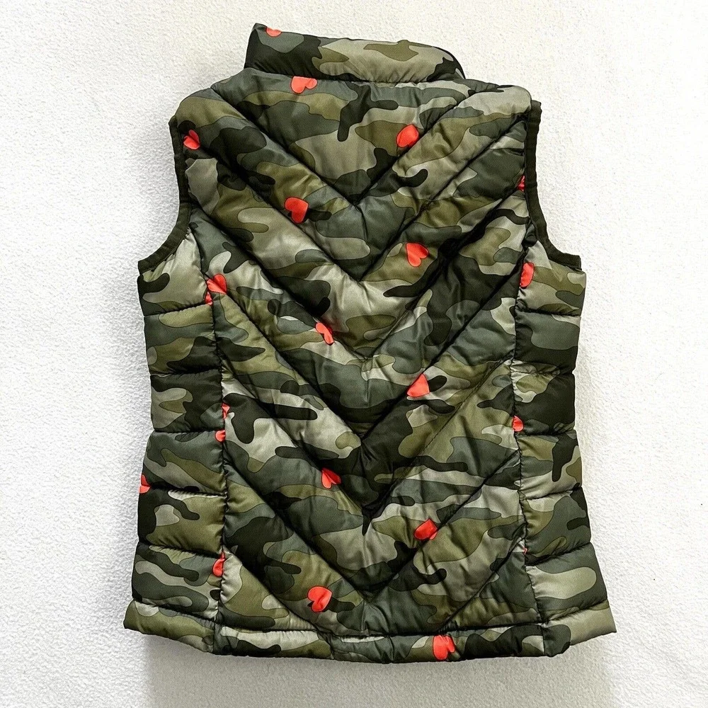 Gap Kids Desert Camo Heart Puffer Vest Quilted Green Camouflage Print Girl S 6-7